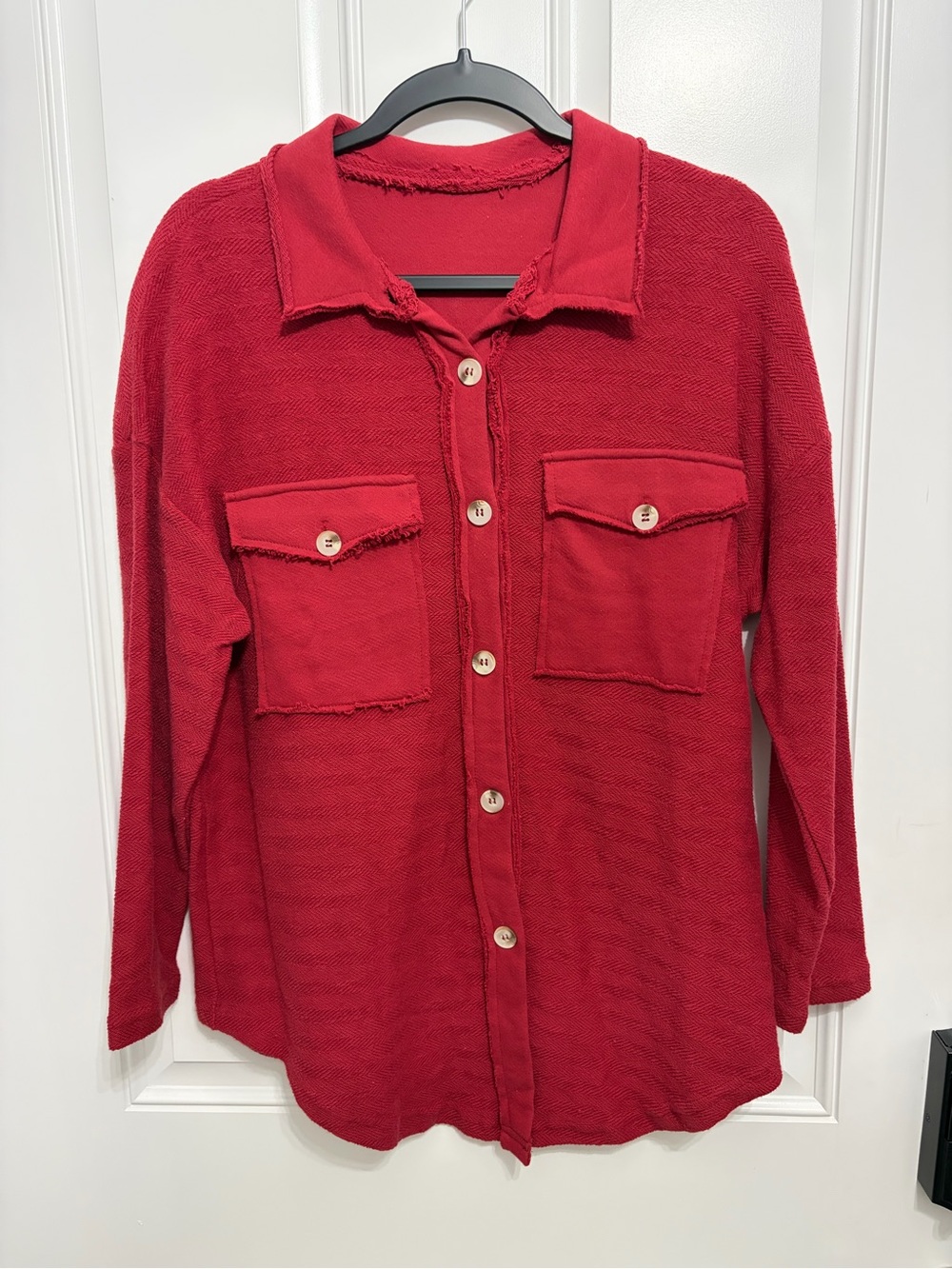 Red Button-Front Pocket Shirt Jacket - Men's